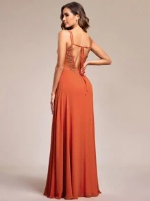 Elegant Chiffon Backless Floral Embroidery Tangerine Bridesmaid Dress - Burnt Orange - View 7