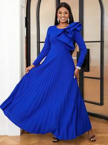 Ruffle Trim Pleated Hem Dress - Blue - View 6