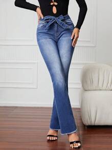SHEIN LUNE Cao eo Thắt lưng Quần ống loe - Màu xanh lam - Xem 3