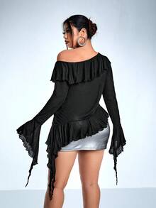 SHEIN ICON Plus Asymmetrical Neck Ruffle Trim Flare Sleeve Tee - Black - View 7