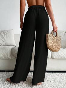 Swim Vcay 素色前繫帶闊腿罩衫長褲 - 黑色 - 查看 2