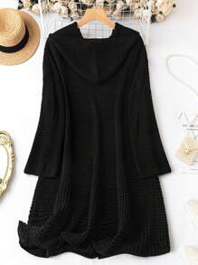 SHEIN LUNE 大碼前紐扣連帽開襟衫 - 黑色 - 查看 2