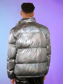 FeverCity Men Holographic Zip Up Padded Coat - Silver - View 2