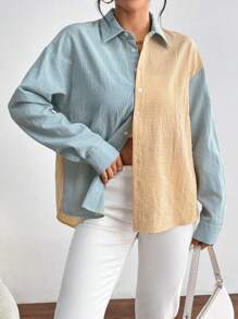 SHEIN Essnce 休閒前紐扣撞色女士襯衫 - 彩色 - 查看 3
