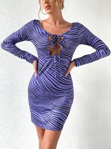 SHEIN ICON Vestido ajustado de rayas de cebra con abertura con nudo delantero