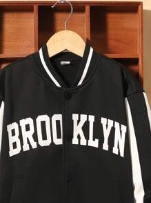 SHEIN Adolescent Garçon Veste Universitaire À Lettres À Ourlet À Rayures Couture Latérale Contrastée - Noir et Blanc - Voir 4