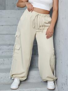 Eilly Bazar Plus Size Flap Pocket Side Drawstring Waist Cargo Pants Spring - Beige - View 6