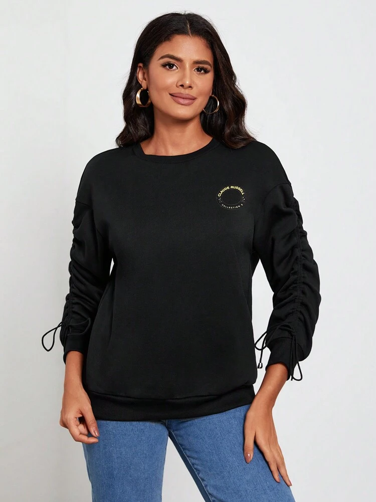 Designer Letter Graphic Drawstring Side Drop Shoulder Sweatshirt, For Holiday, Vacation, Spring, Festival, Workout, Ibiza Fits
