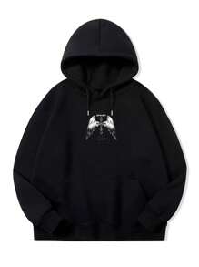 Men Slogan & Wings Print Kangaroo Pocket Drop Shoulder Drawstring Hoodie - Black - View 2