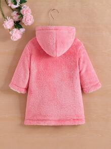 SHEIN Palton de pluș cu glugă cu două buzunare pentru fetiță, fără pulover - Roz - Vizualizare 2