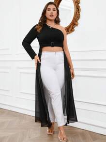 Celure Plus One Shoulder Lettuce Trim Asymmetrical Hem Top - Black - View 6