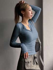 DAZY Half Button Ribbed Knit Tee,Fall Women Clothes