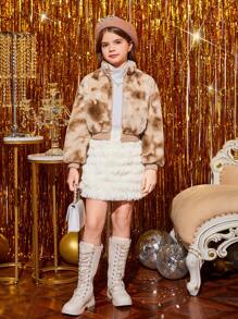 SHEIN Tween Girl Tie Dye Drop Shoulder Zipper Fuzzy Coat - Apricot - View 5