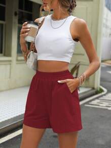 SHEIN Unity Solid Elastic Waist Wide Leg Shorts - Burgundy - View 5