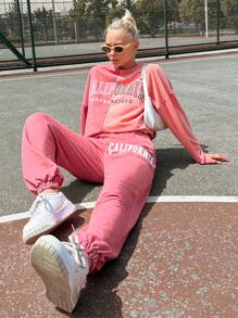 SHEIN Cottnline Letter Graphic Drop Shoulder Pullover & Sweatpants - Multicolor - View 1