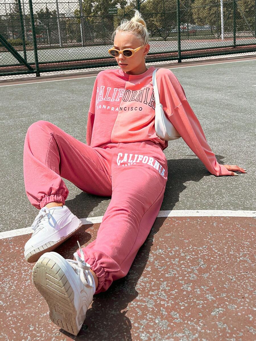 SHEIN Cottnline Letter Graphic Drop Shoulder Pullover & Sweatpants - Multicolor - View 1