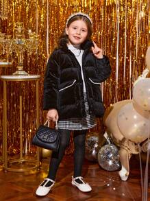 SHEIN Young Girl Contrast Binding Zipper Hooded Padded Coat - Black - View 1