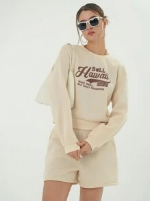 SHEIN Essnce 標語圖案落肩袖套頭衫&短褲 - 杏色 - 查看 4