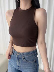 DAZY Top tank crop unicolor de canalé - Café integral - Ver 3