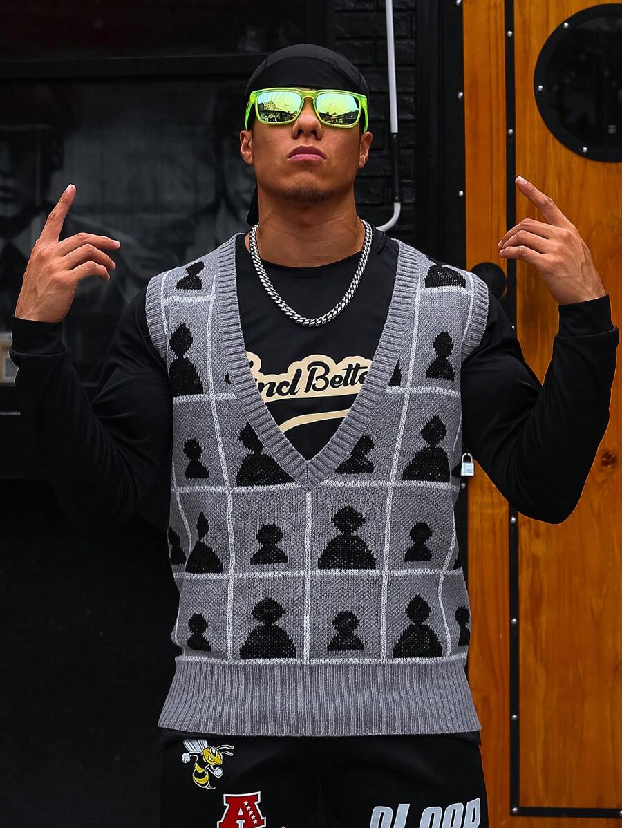 Manfinity EMRG 男士幾何圖案毛衣背心 - 彩色 - 查看 1