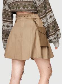 ROMWE Fairycore 有蓋口袋百褶裙 - 卡其色 - 查看 2