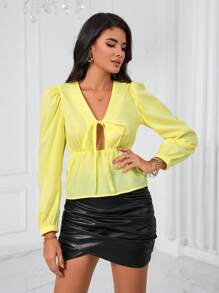 SHEIN Privé 前繫帶泡泡袖荷葉邊下擺襯衫 - 黃色 - 查看 6