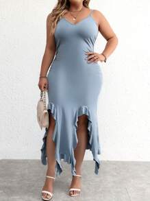 SHEIN LUNE 大碼荷葉邊不對稱下擺吊帶洋裝 - 霧霾藍 - 查看 4