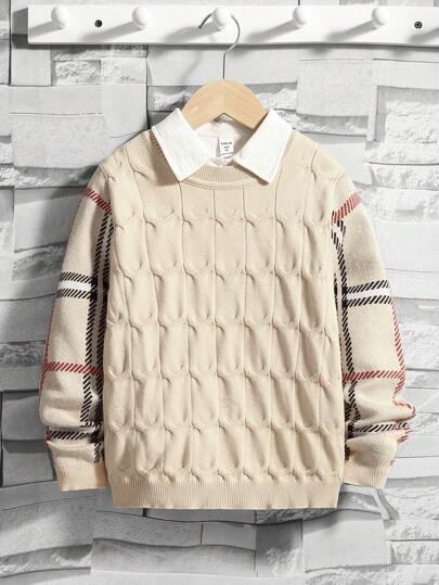 SHEIN 適合10-14歲男孩鬆身型大學風翻領毛衣,長袖