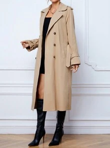 SHEIN Tall 雙排扣束帶風衣 - 卡其色 - 查看 3