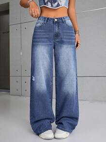 SHEIN EZwear Ripped Wide Leg Jeans - Dark Wash - View 1