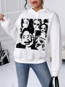 SHEIN EZwear 人像圖案落肩袖連帽衫 - 白色 - 查看 1