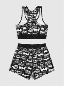 Batman X ROMWE Cartoon Graphic PJ Set, School - Multicolor - View 2