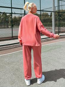 SHEIN Cottnline Letter Graphic Drop Shoulder Pullover & Sweatpants - Multicolor - View 2