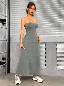 SHEIN Coolane Slant Pocket Tube Denim Dress - Medium Wash - View 3