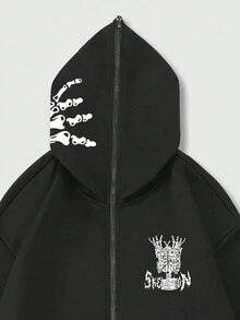 ROMWE MEN Goth 男士標語&骷髅圖案袋鼠口袋抽繩連帽衫 - 黑色 - 查看 6