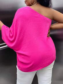 Celure Plus One Shoulder Batwing Sleeve Blouse - Hot Pink - View 2