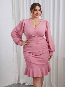 SHEIN Privé Talla grande Vestido de manga farol fruncido bajo con fruncido - Rosa - Ver 1
