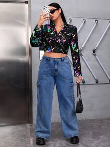 SHEIN EZwear Plus Splash Ink Print Crop Blazer - Multicolor - View 3