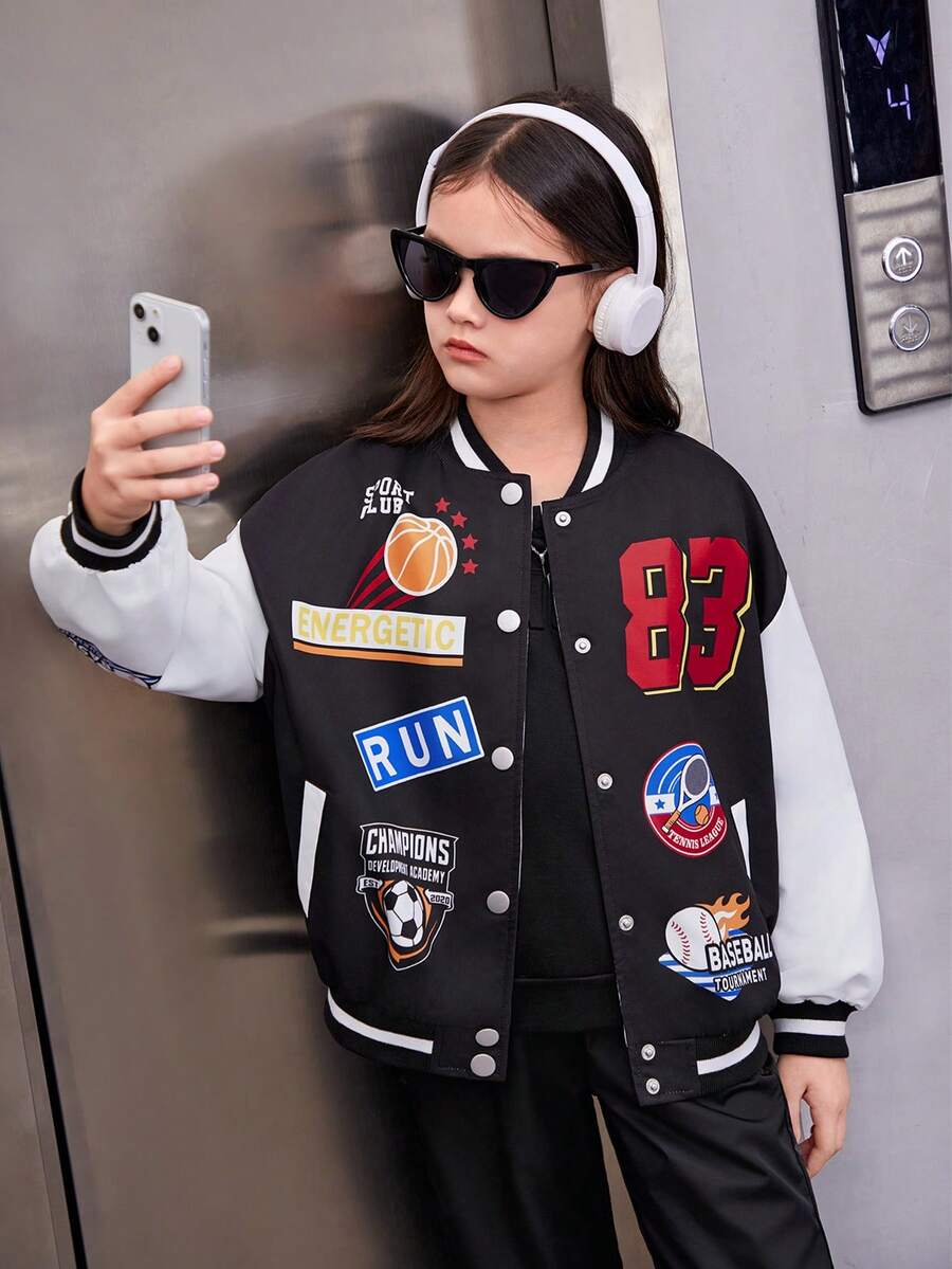 SHEIN Tween Girl Letter & Sports Graphic Drop Shoulder Two Tone Varsity Jacket - Black - View 1