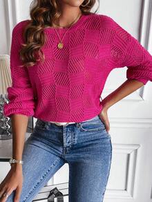 SHEIN LUNE Jersey unicolor de hombros caídos de punto de malla - Rosa Fucsia - Ver 7