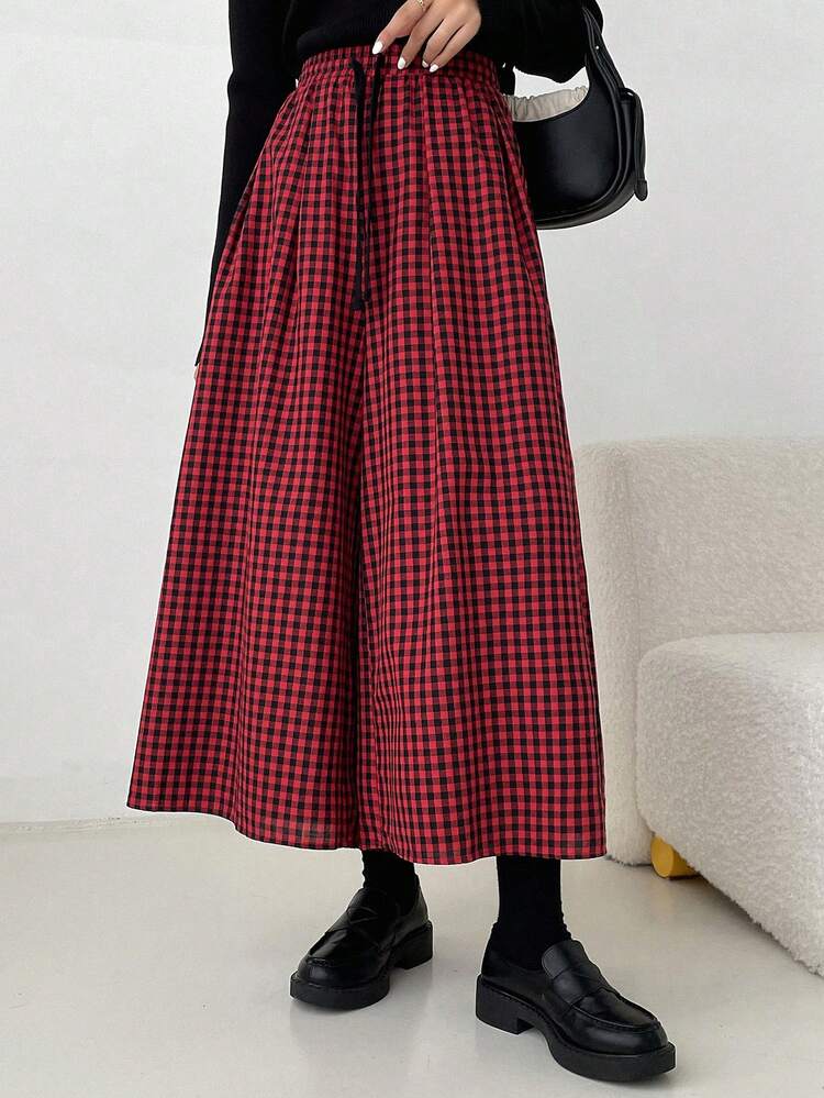 DAZY הדפס משובץ מותן שרוך מכנסיים מתרחבים - בורגונדי - ראה 6