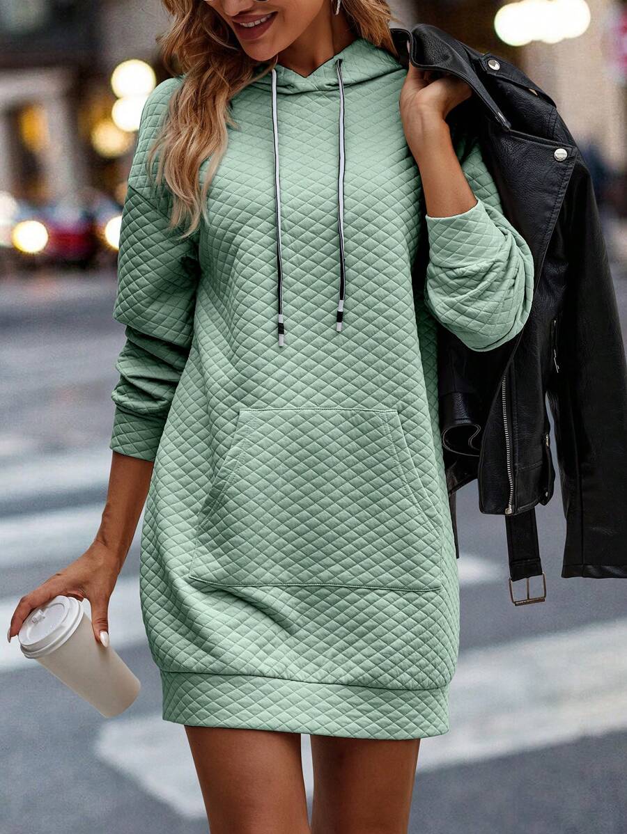 SHEIN LUNE Kangaroo Pocket Drop Shoulder Drawstring Hooded Dress - Green - View 1