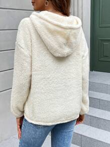 SHEIN LUNE Letter Embroidery Drop Shoulder Teddy Hoodie - Multicolor - View 2
