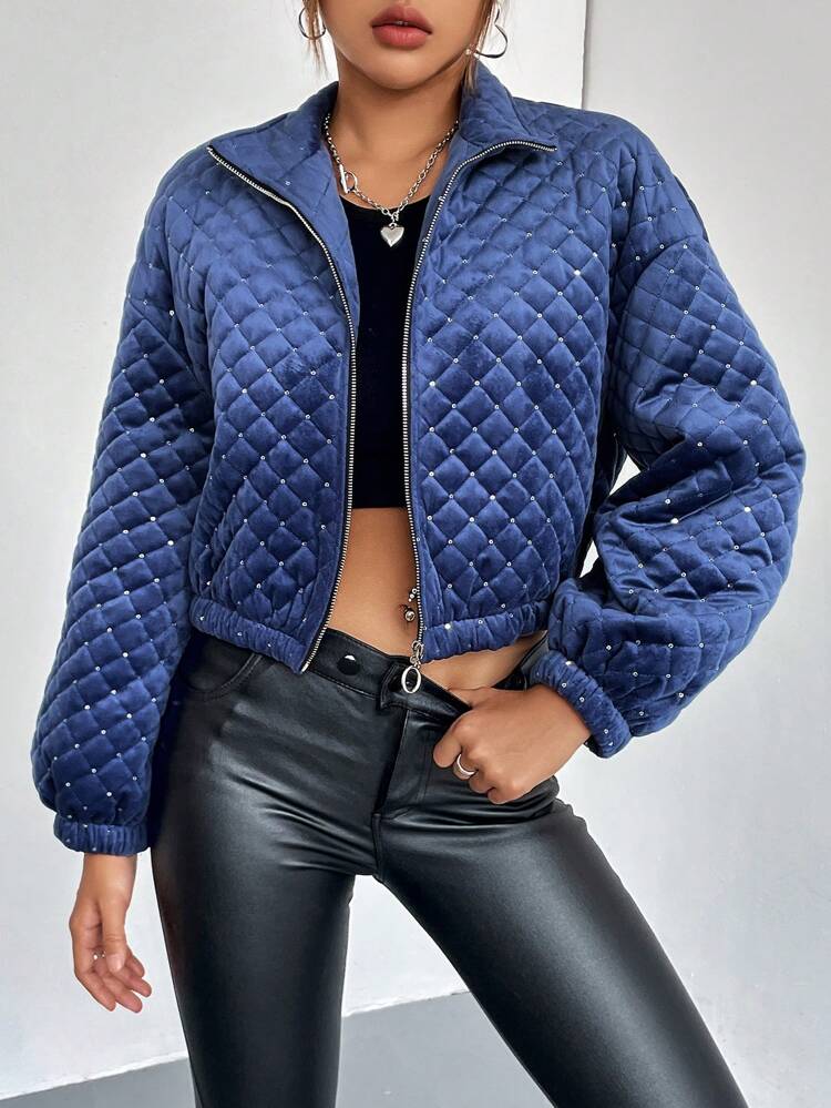 Drop Shoulder Zip Up Crop Quilted Padded Coat Clothes Winter Fall Cloth For Women