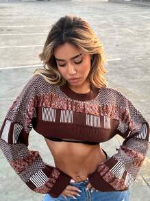 SHEIN ICON Phương Tây Sọc & Mẫu Geo Siêu crop Áo len Không có áo ngực - Nhiều màu - Xem 5