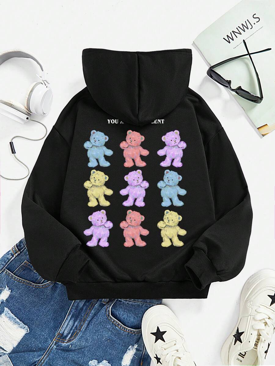 少女熊印花卫衣 - 黑色 - 查看 1
