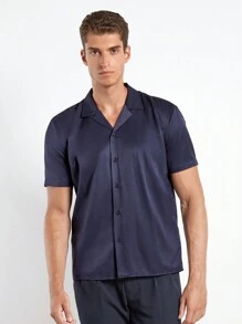 SHEIN Cottnline Men Solid Lapel Collar Shirt - Navy Blue - View 3