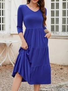 Vestido Bolsillo Bajo con volante Liso Casual - azul real - Ver 1