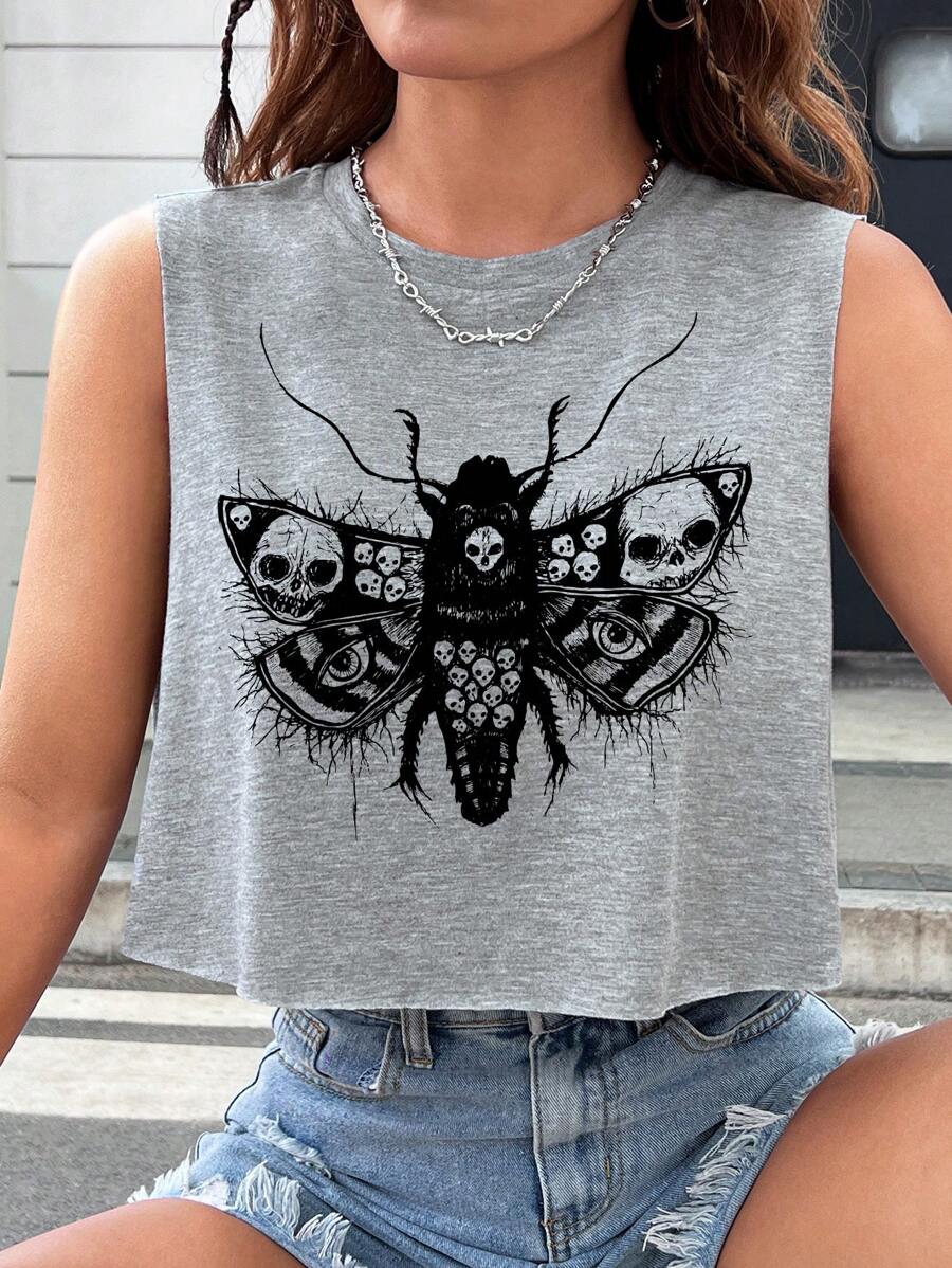 Robin 艺术家深色骷髅和动物印花短款背心，适合夏季、假日、度假 - 淺灰色 - 查看 1