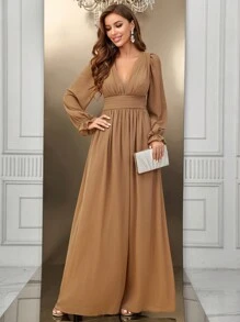 SHEIN Belle Plunging Neck Flounce Sleeve Maxi Bridesmaid Dress Elegant Dress